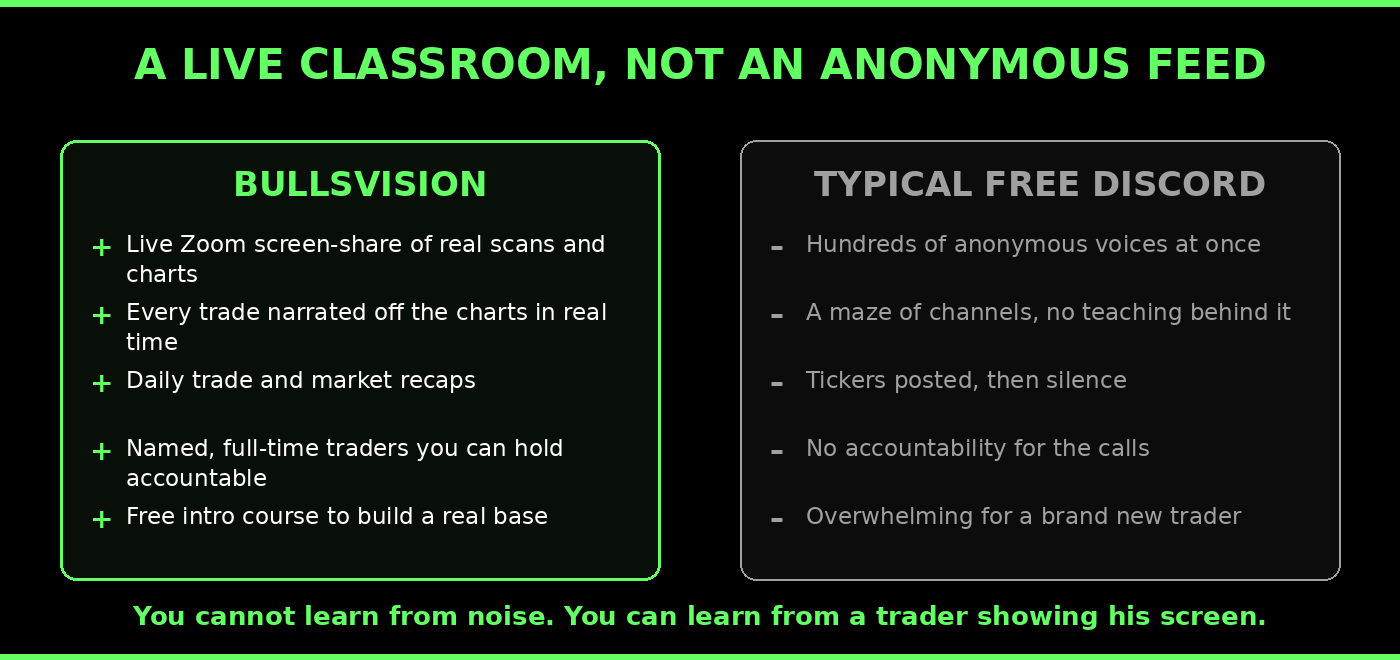 BullsVision live classroom versus a typical free Discord group