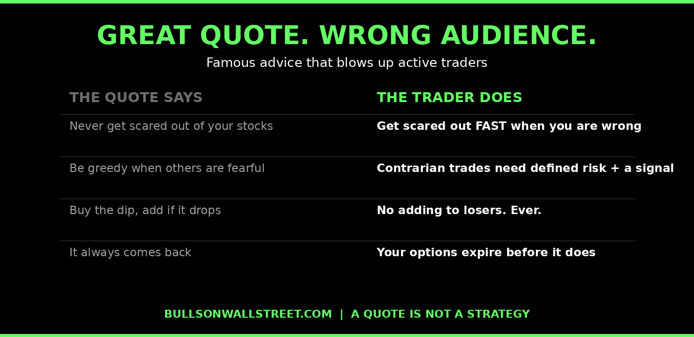 Famous investing quotes that blow up active traders - what the quote says vs what the trader does
