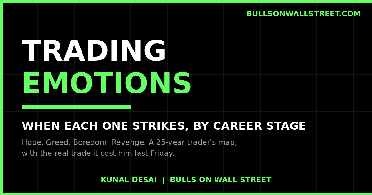 Trading emotions mapped by career stage, from hope and greed to revenge trading, by 25 year trader Kunal Desai