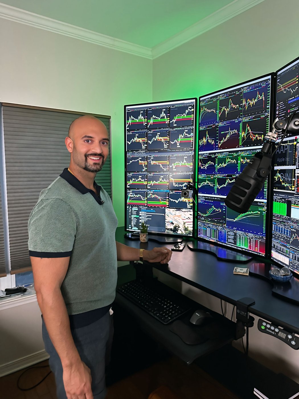 Kunal Desai day trading setup with three Dell 43-inch 4K monitors running TC2000