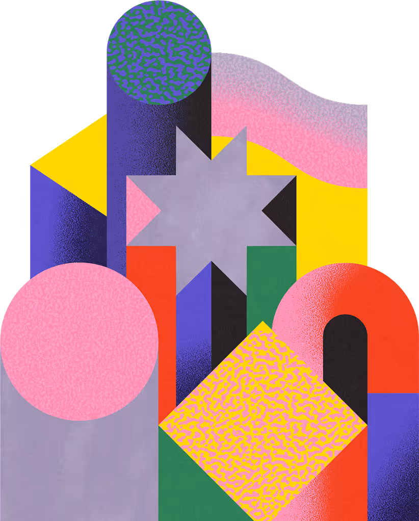 Abstract geometric composition with colorful shapes including circles, rectangles, a star, and a textured yellow square.