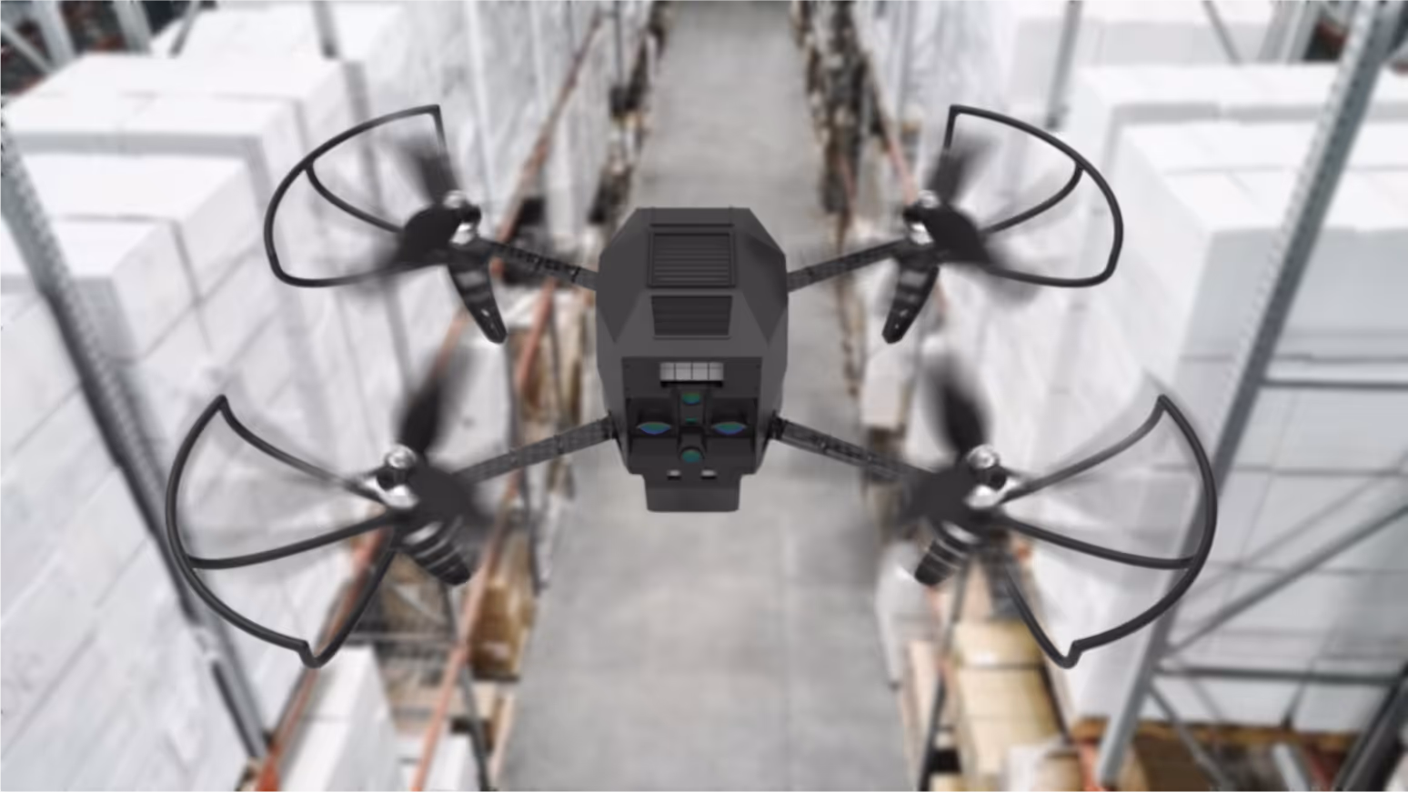 AI powered drone flying through warehouse