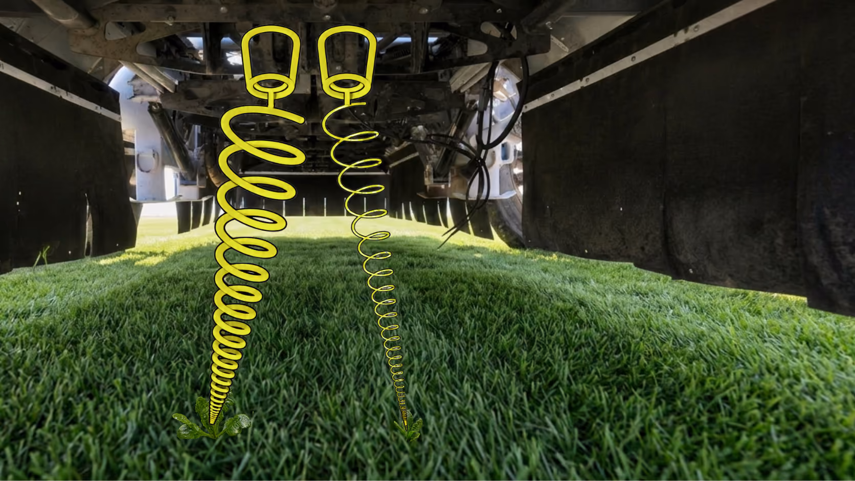Underside of a the SharpShooter sprayer on sod with two spiral graphics extending downward to visualize precision spraying.