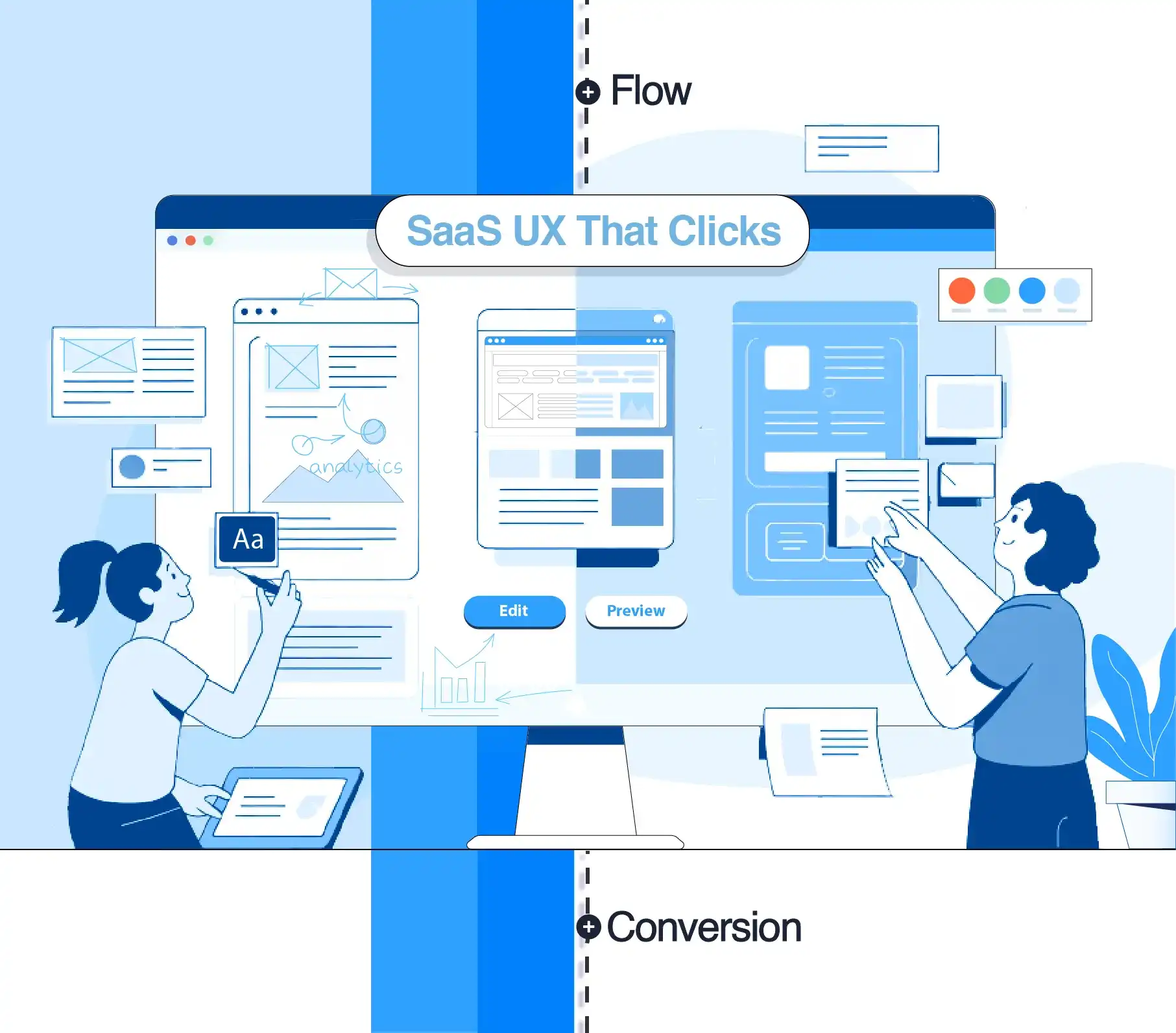 SaaS UX design with user interface wireframes and conversion flow visuals