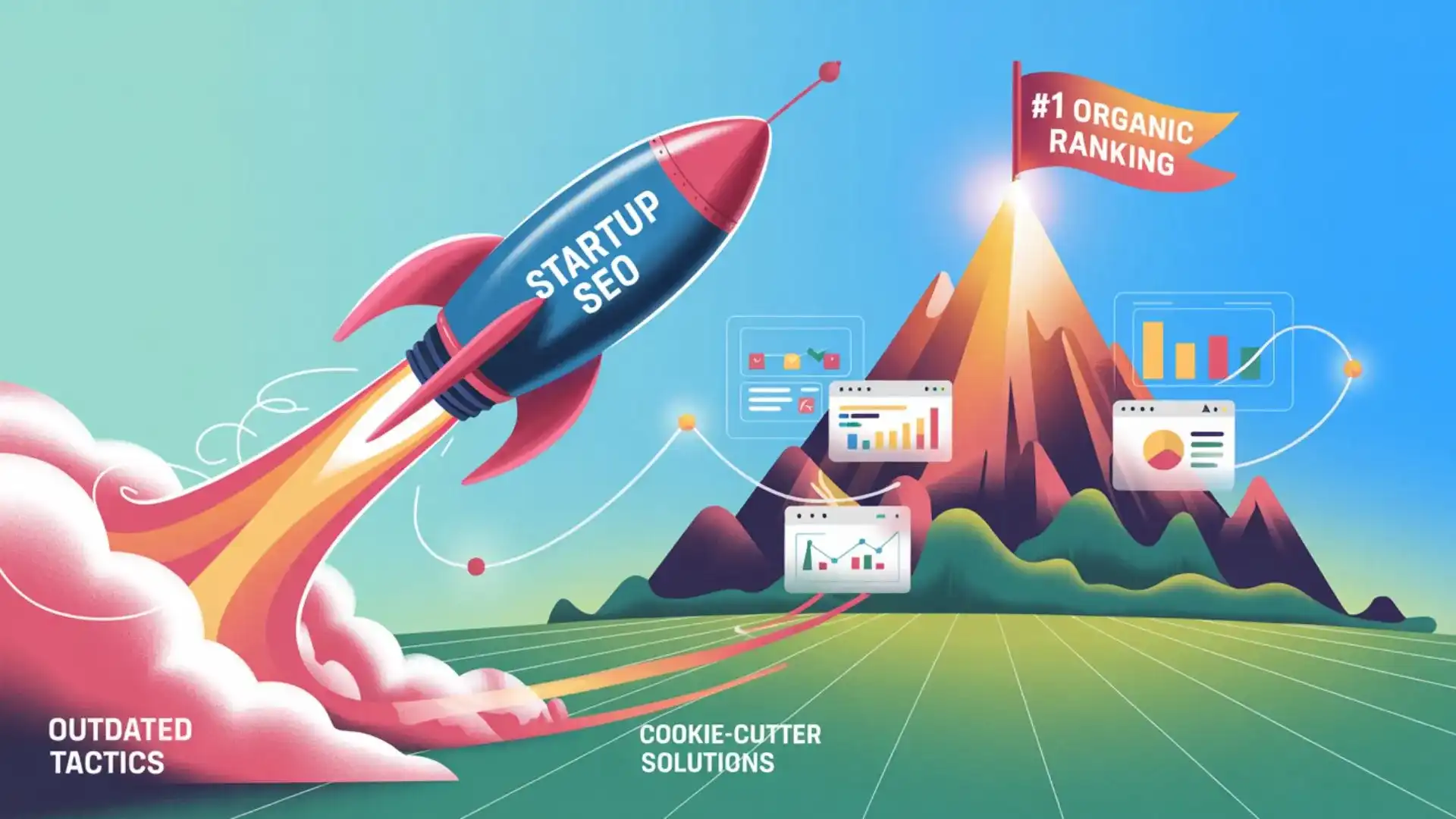 Animated illustration of a rocket labeled 'Startup SEO' ascending towards '#1 Organic Ranking,' symbolizing strategic growth for startups, in vibrant blue and light teal tones.