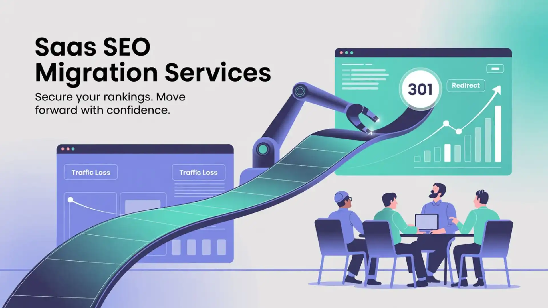 SaaS SEO Migration Services illustration with a website moving to a new platform, 301 redirect sign, and upward traffic graphs in blue and teal.