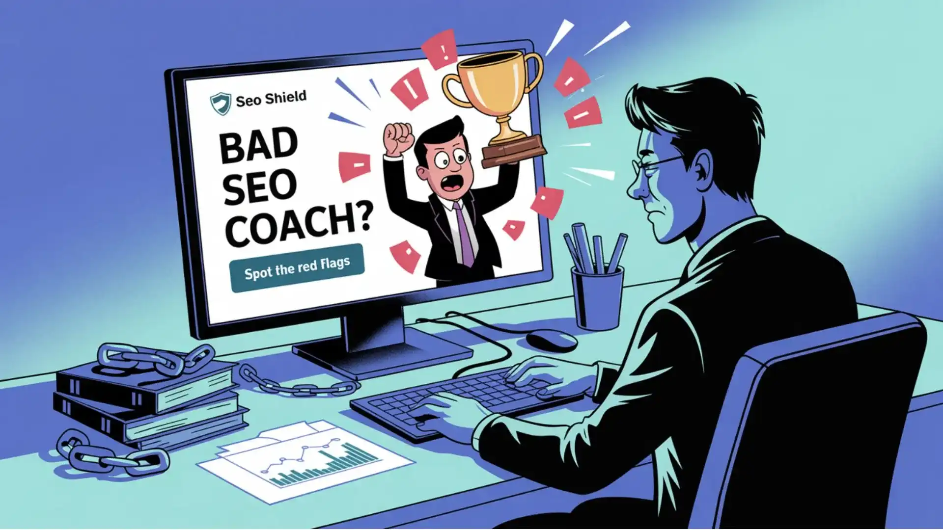 Business owner at desk looking at red warning signs on screen, with a cartoon SEO coach holding a fake "#1 Instantly!" trophy, outdated SEO tactics, and a declining chart, illustrating red flags to spot a bad SEO coach.