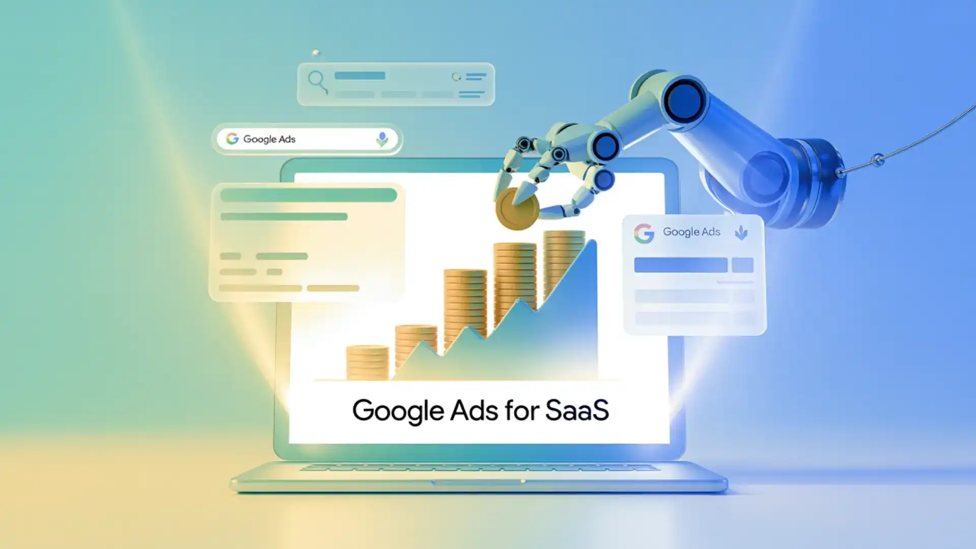 Modern animated graphic showing a robotic arm placing budget into rising charts, visually explaining Google Ads for SaaS strategies.