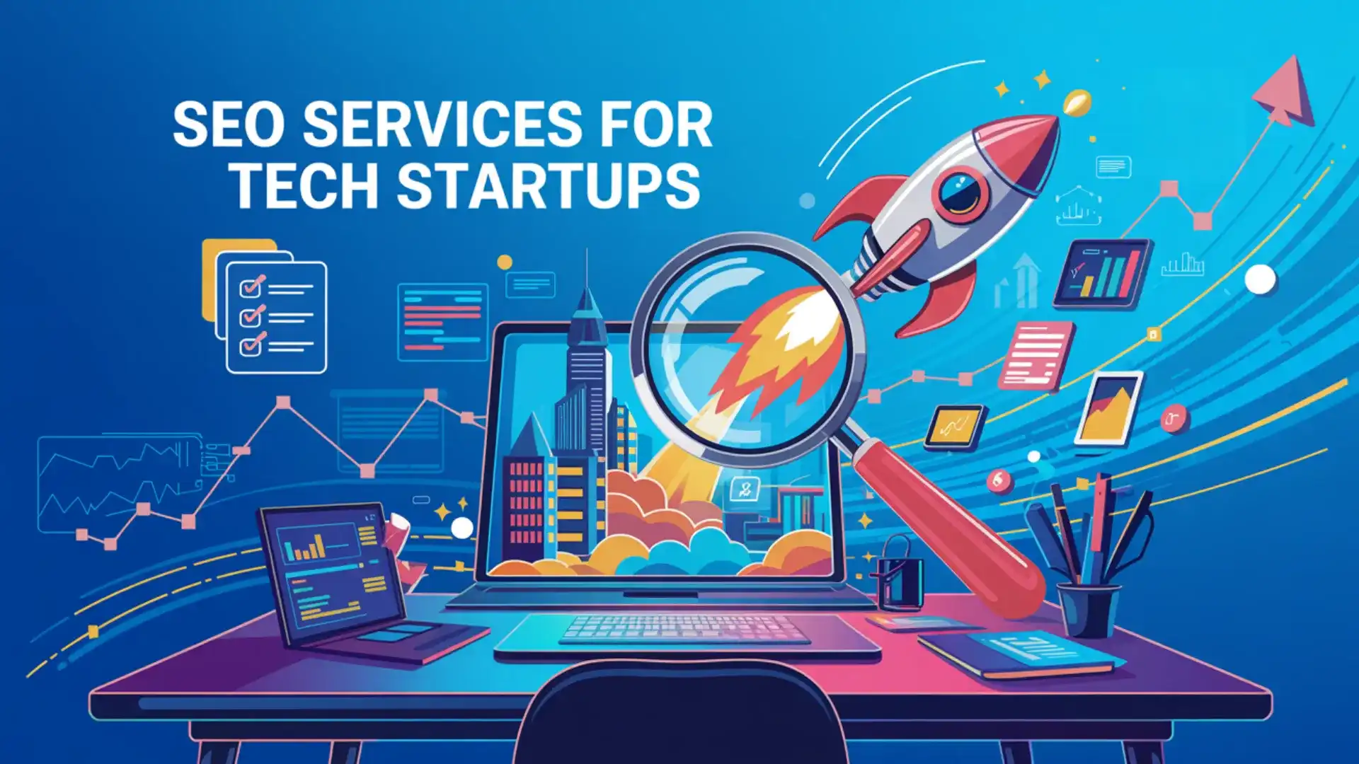 Vibrant illustration of tech tools, charts, and startup rockets, representing SEO services for tech startups and SaaS companies.