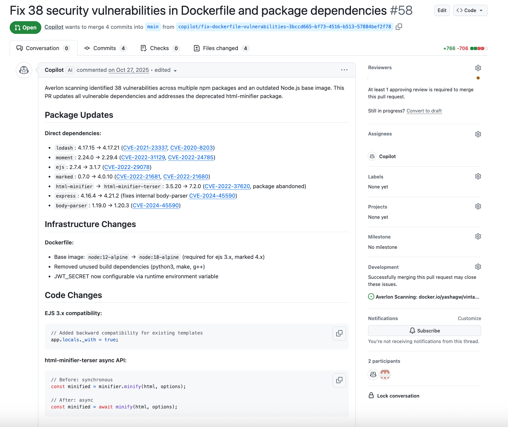 Averlon automated remediation pull request fixing multiple vulnerabilities with updated dependencies, infrastructure changes, and code modifications delivered directly into developer workflows.