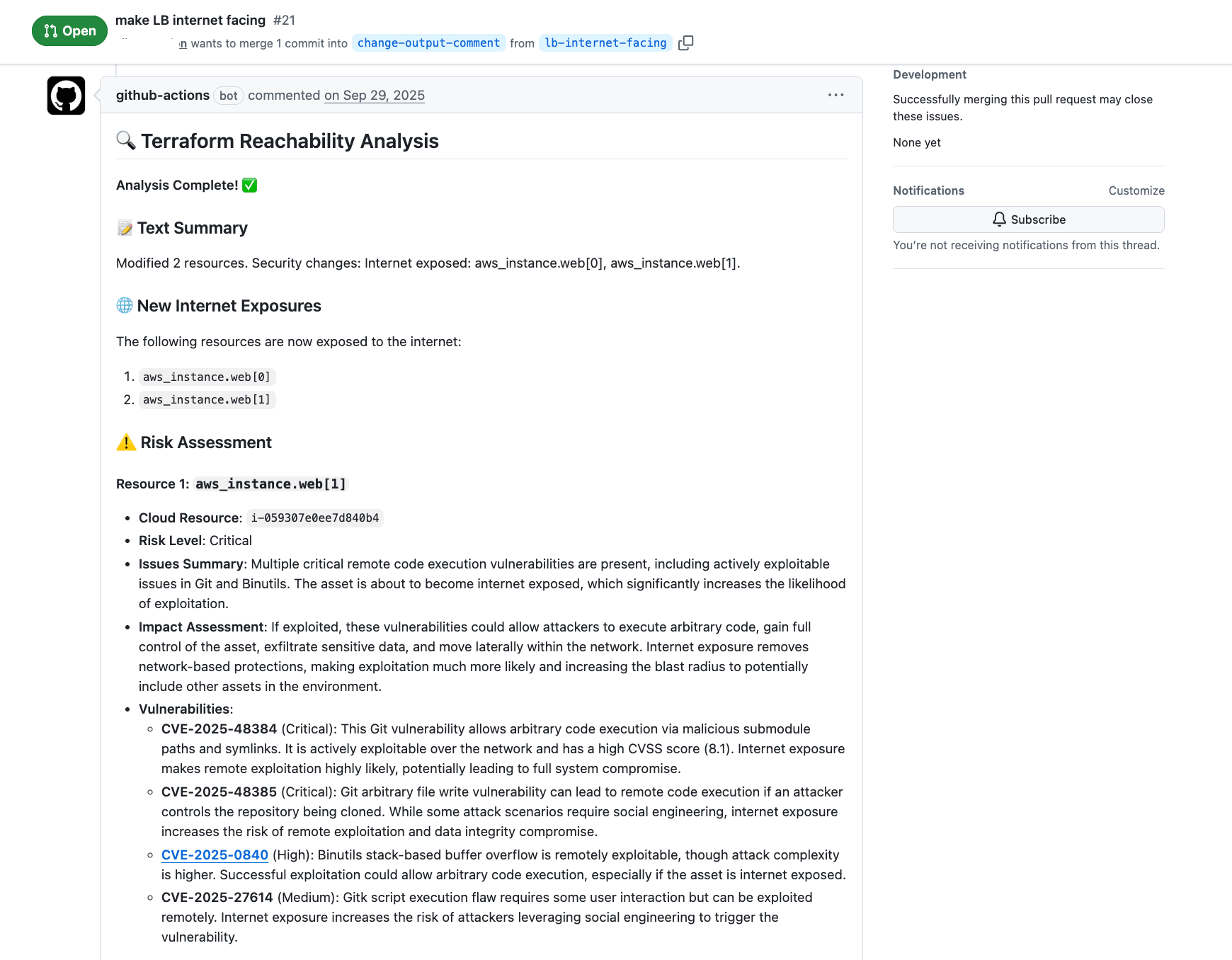 Averlon Precog analysis identifying new internet exposure and exploitable vulnerabilities before merge, with risk assessment and impact on critical assets.