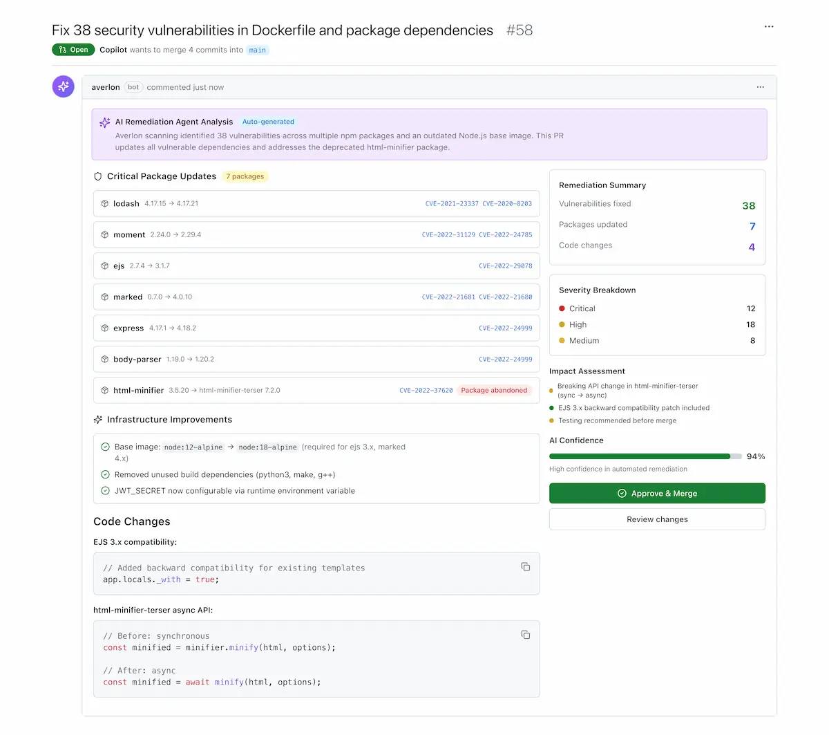 Averlon automated remediation pull request fixing multiple vulnerabilities with updated dependencies, infrastructure changes, and code modifications delivered directly into developer workflows.