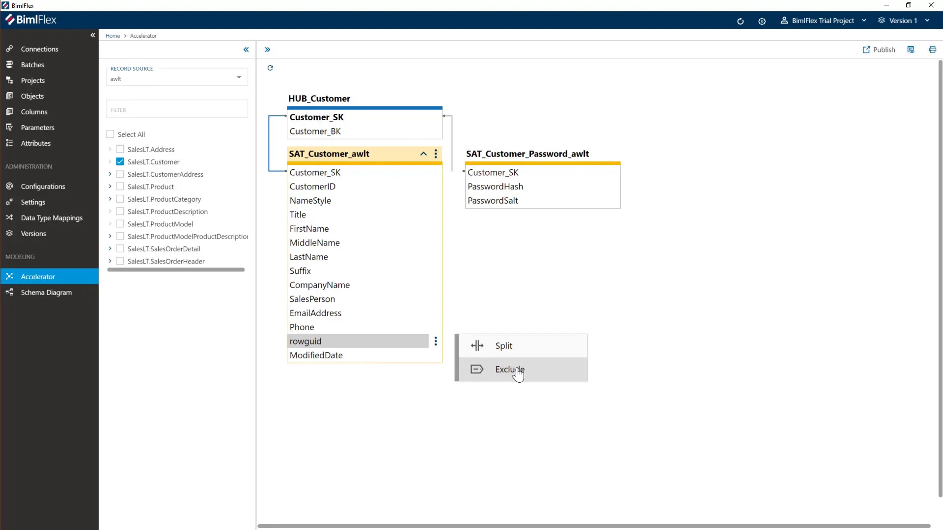 Excluding columns from the data vault
