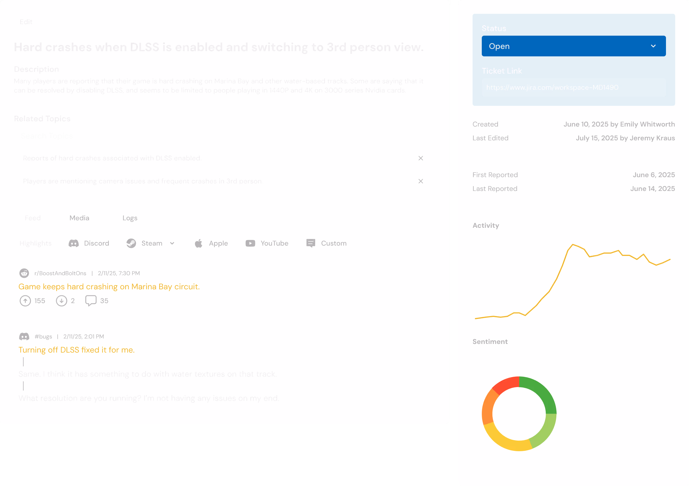 A detailed view of a bug ticket in Kinn.gg. Bugs are displayed with a title, description, sentiment, reach, and source content from where they were reported.