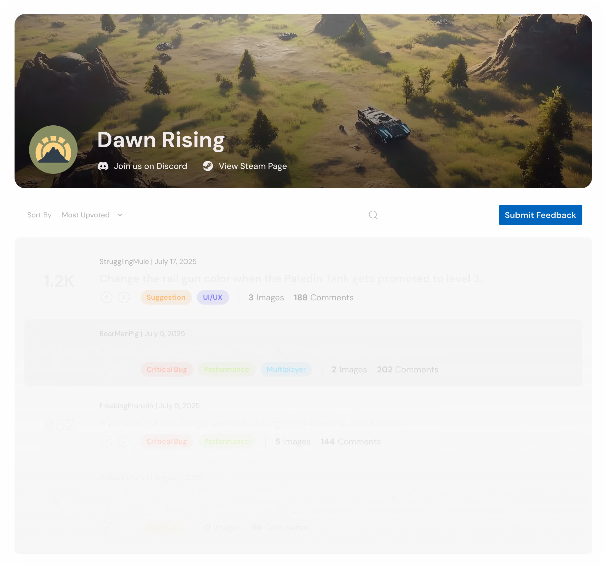 A mockup of bug reporting and suggestions voting by Kinn.gg. Players can submit feedback, add commentary, and vote on the most important issues.