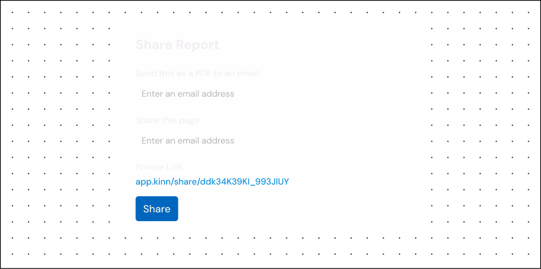 A modal showing how Kinn reports can be shared via PDF or with a live link.