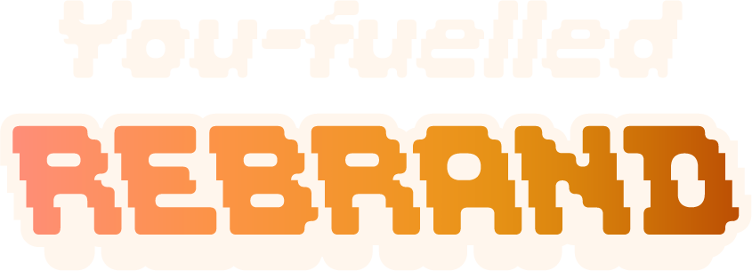 A retro-style graphic with pixelated text reading “YOU-FUELLED BRAND DESIGN” in white and pink, set against a dark grid background. An orange rocket and a planetary ring system illustration frame the text, evoking a fun, space-themed aesthetic.