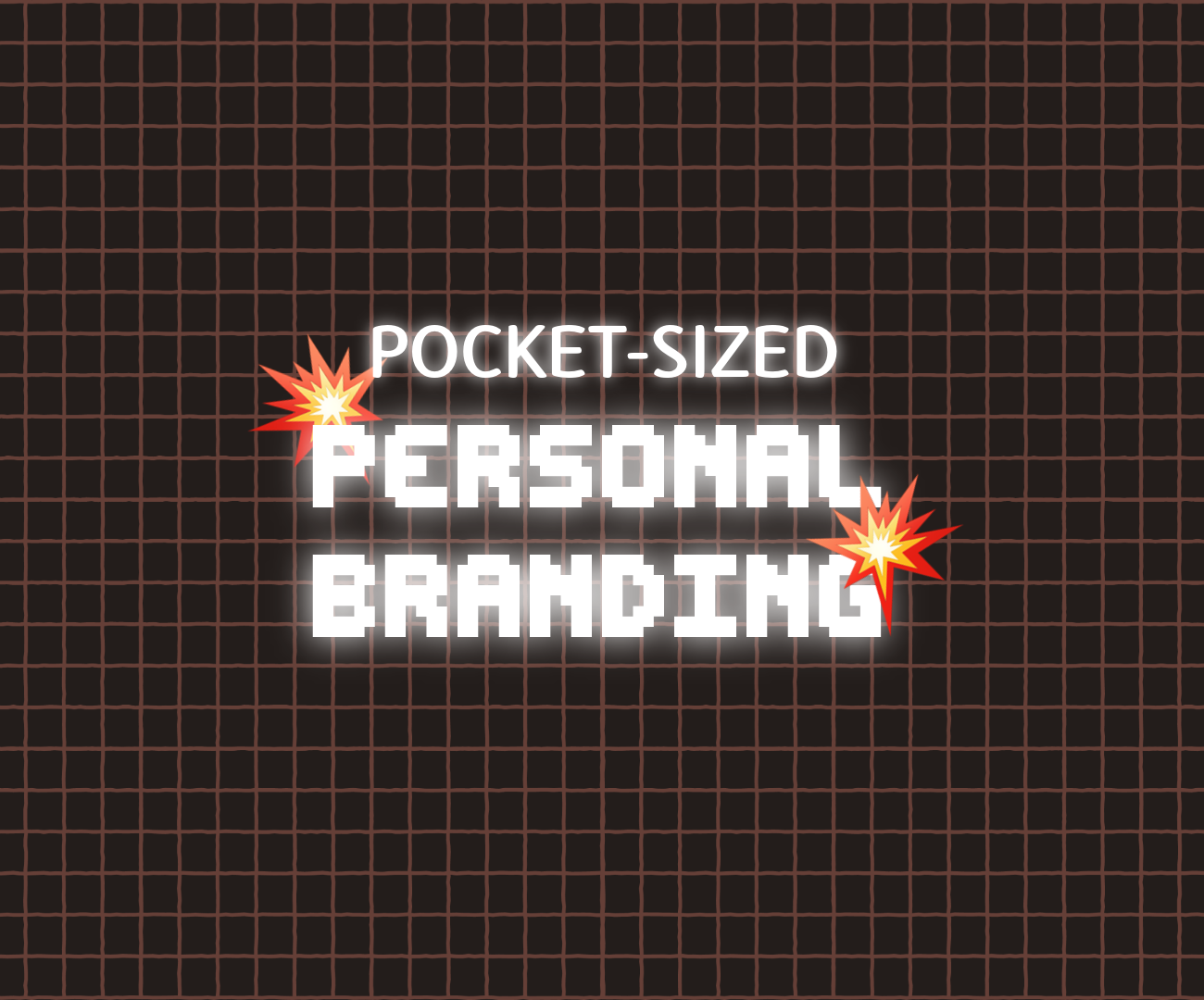 A retro pixel-style graphic with the words “POCKET-SIZED BRAND BLAST” in white blocky text on a dark grid background. Two yellow comic-style explosion illustrations decorate the corners, adding energy and playfulness.