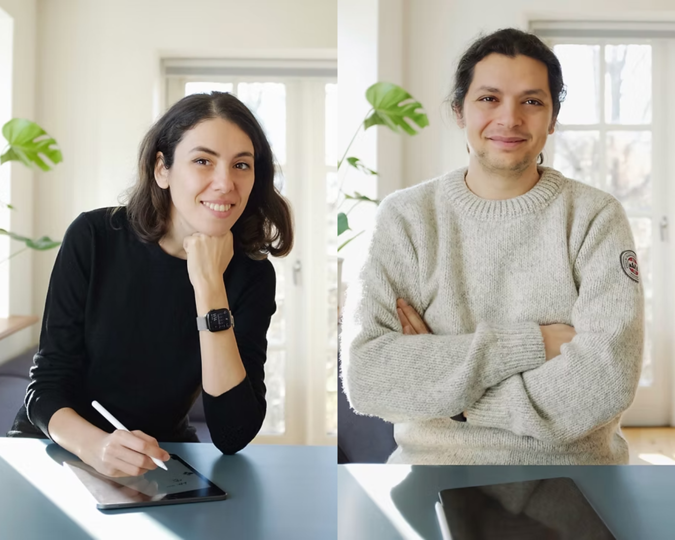 Grid image of a man and a woman smiling, with a white background