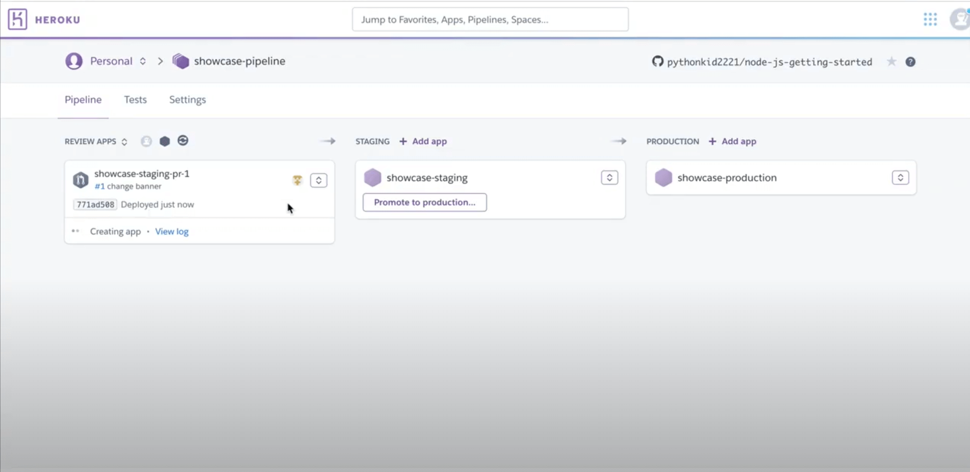 Heroku dashboard showing a deployment pipeline with review apps, staging, and production environments, including a recently deployed review app, a staging app with promote to production option, and a production app in the pipeline view
