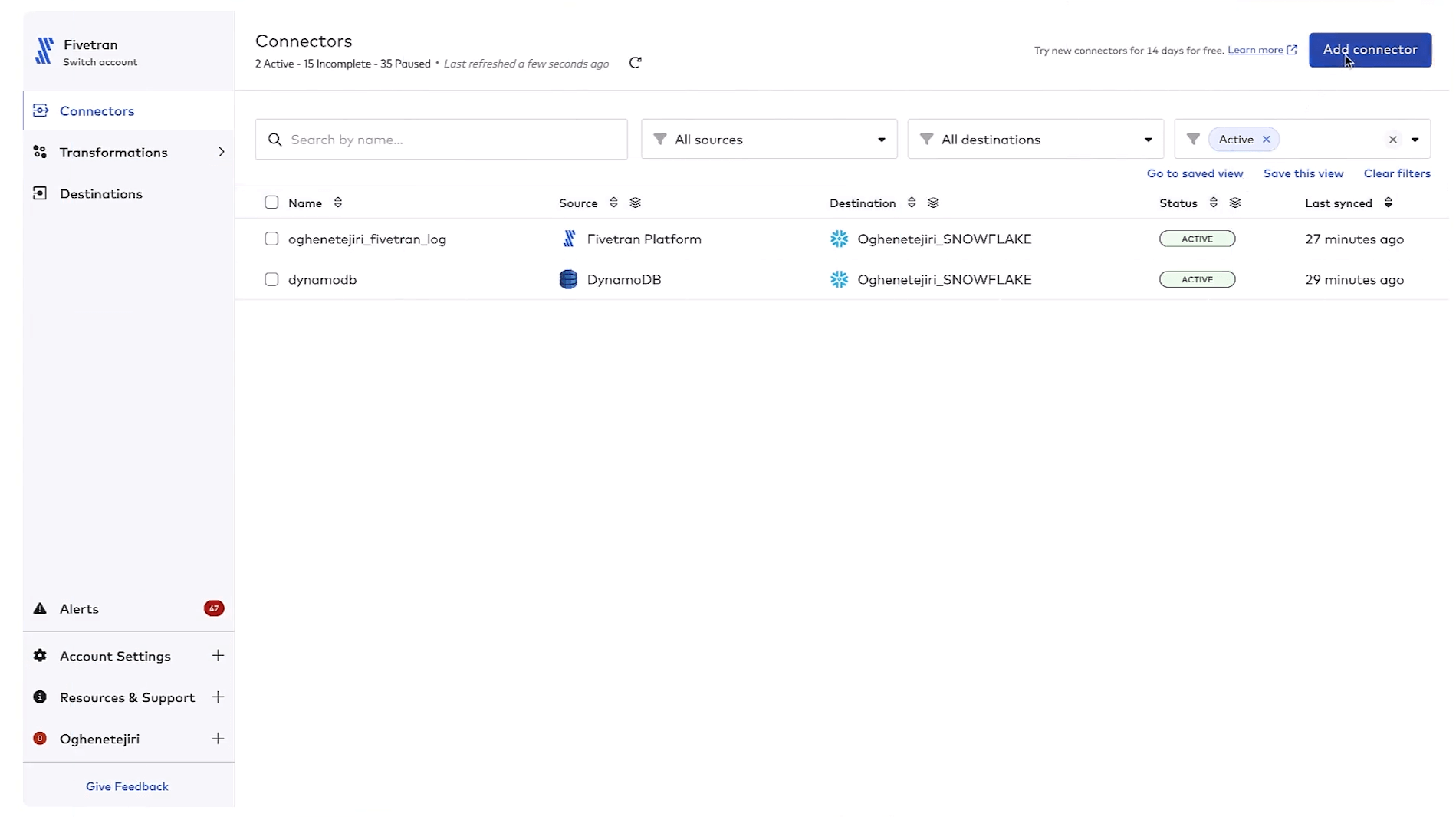 Fivetran connectors dashboard showing active data pipelines, with sources like DynamoDB syncing to a Snowflake destination, connector status indicators, last sync times, and an option to add new co
