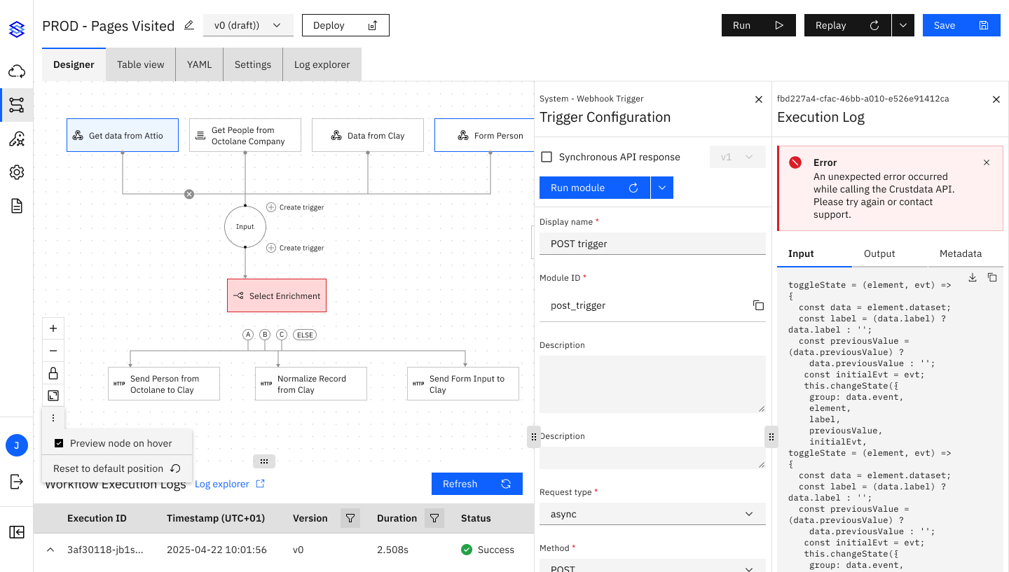 Workflow automation builder interface showing a production flow for tracking pages visited, with multiple data sources connected, a POST webhook trigger configuration panel, and an execution log displaying an API error alongside input and output details.
