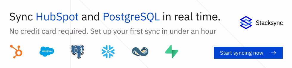 Real-time two-way data sync workflow between HubSpot and PostgreSQL showing automated record updates and bidirectional arrows across connected systems