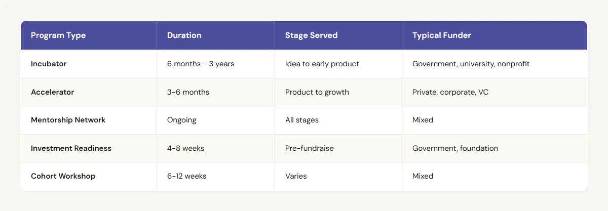 What Is a Startup Program? A Guide for ESO Leaders comparison table
