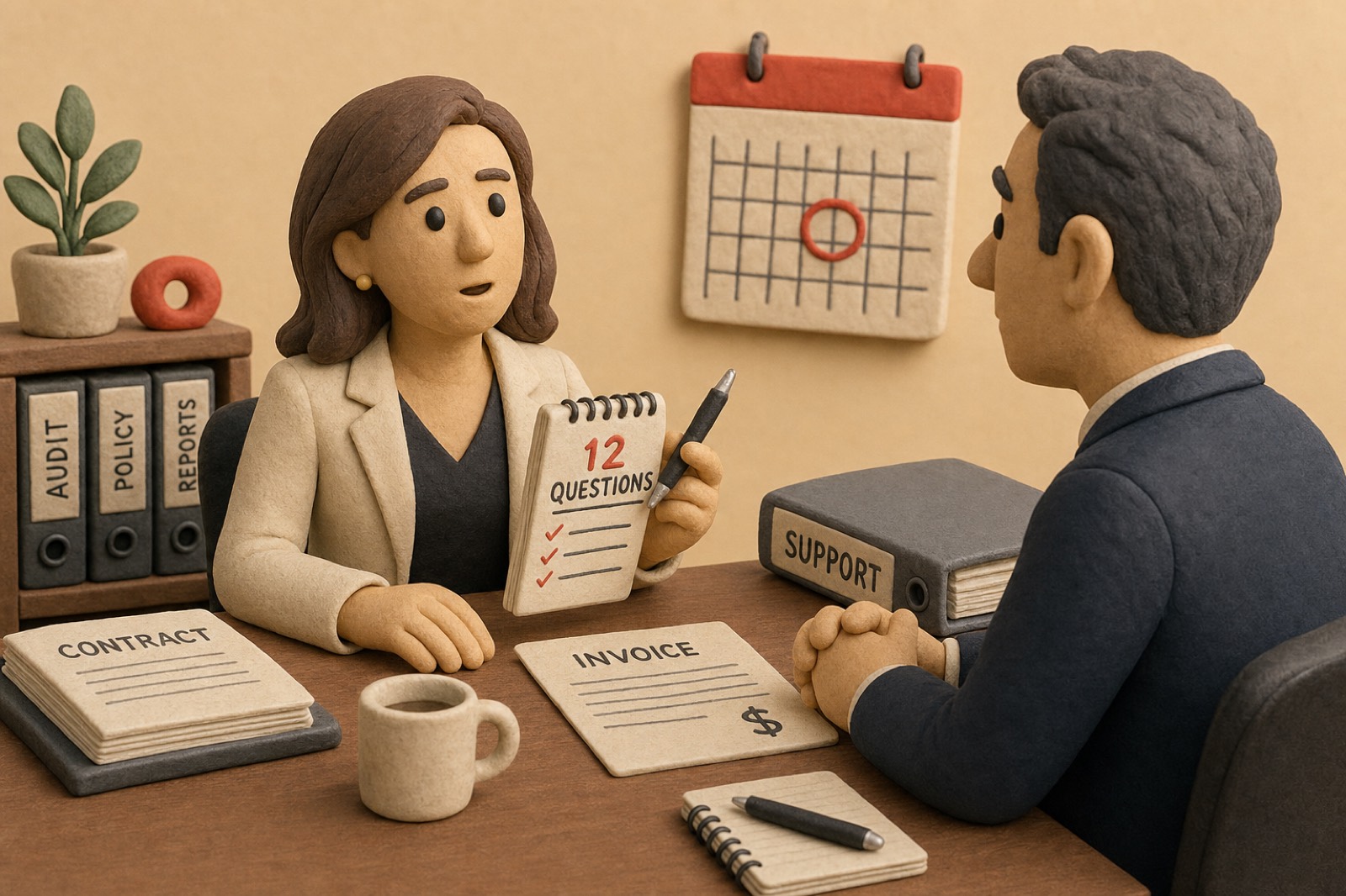 A finance director holds up a list of twelve questions across the desk from her IT provider, with the renewal date circled on the calendar behind them