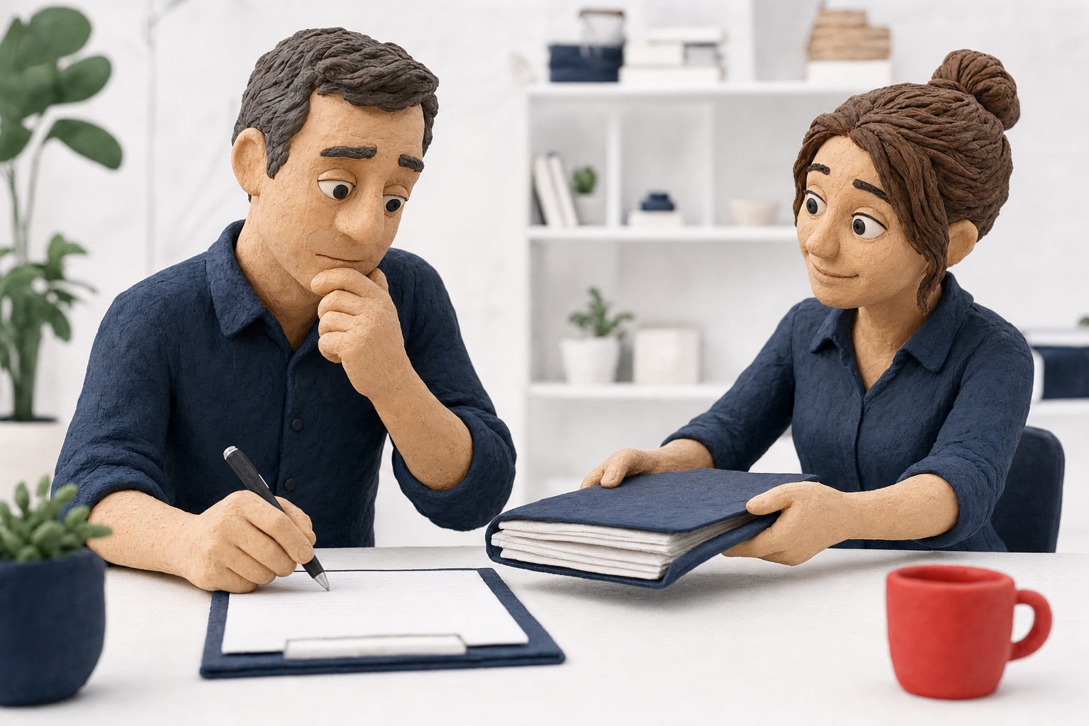 Clay illustration: the pause before signing a declaration, pen hovering, as someone slides across the record that lets them sign it with a clear conscience.