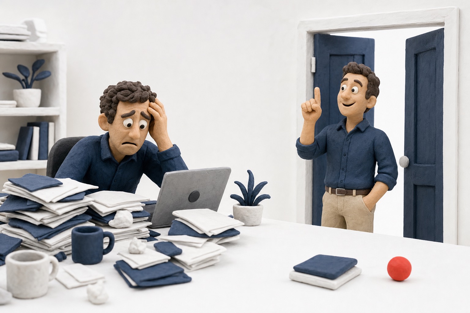 Clay illustration: an overwhelmed operations lead with more work than hours, the tension lifting as the right first move becomes obvious.