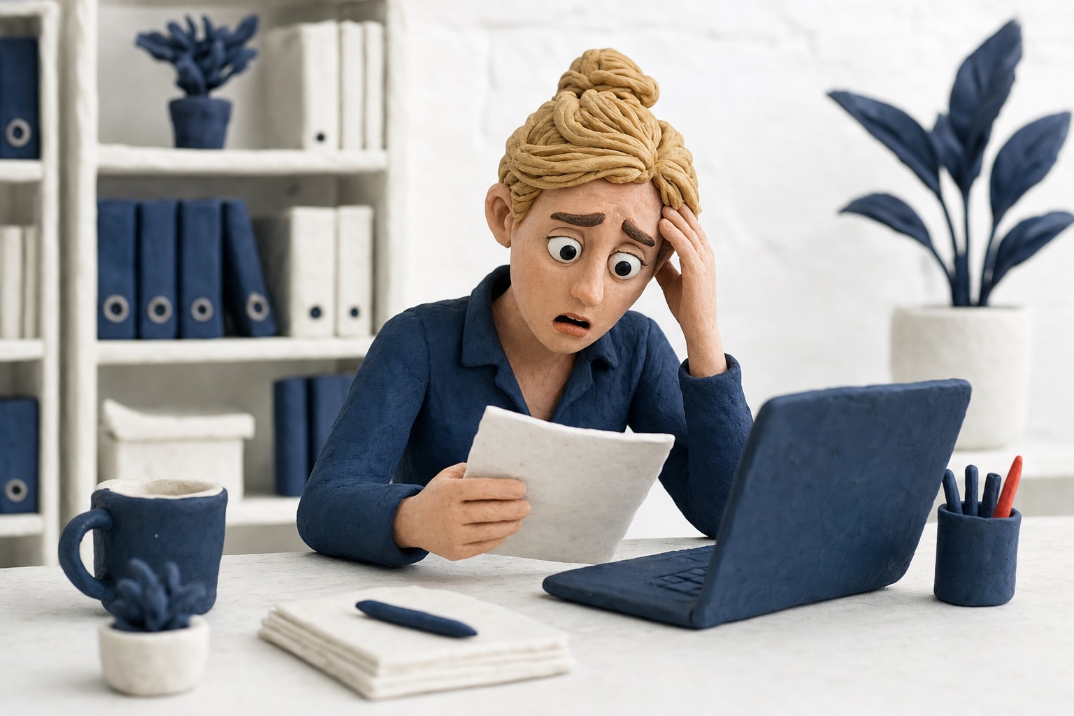 Clay illustration: a business owner who has just read a client's deadline email, the jolt of worry settling into a plan they can actually start on Monday.