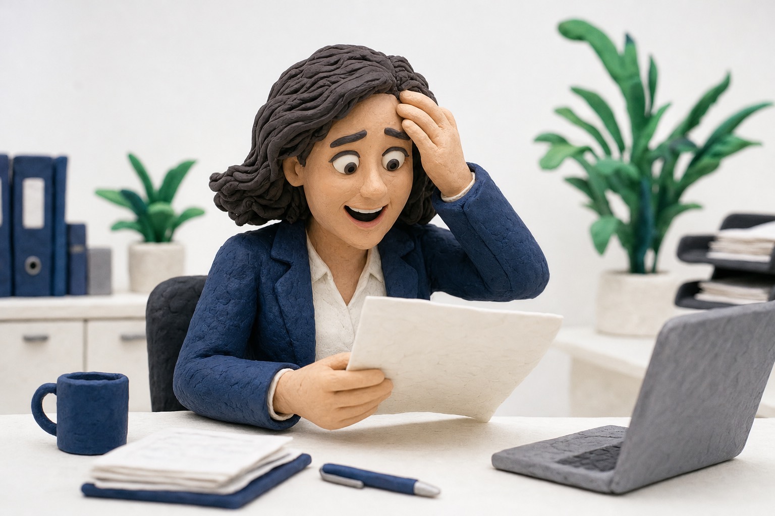 Clay illustration: a finance lead who can model a wage bill to the dollar, finally seeing why the IT costs never added up, and feeling the embarrassment lift.
