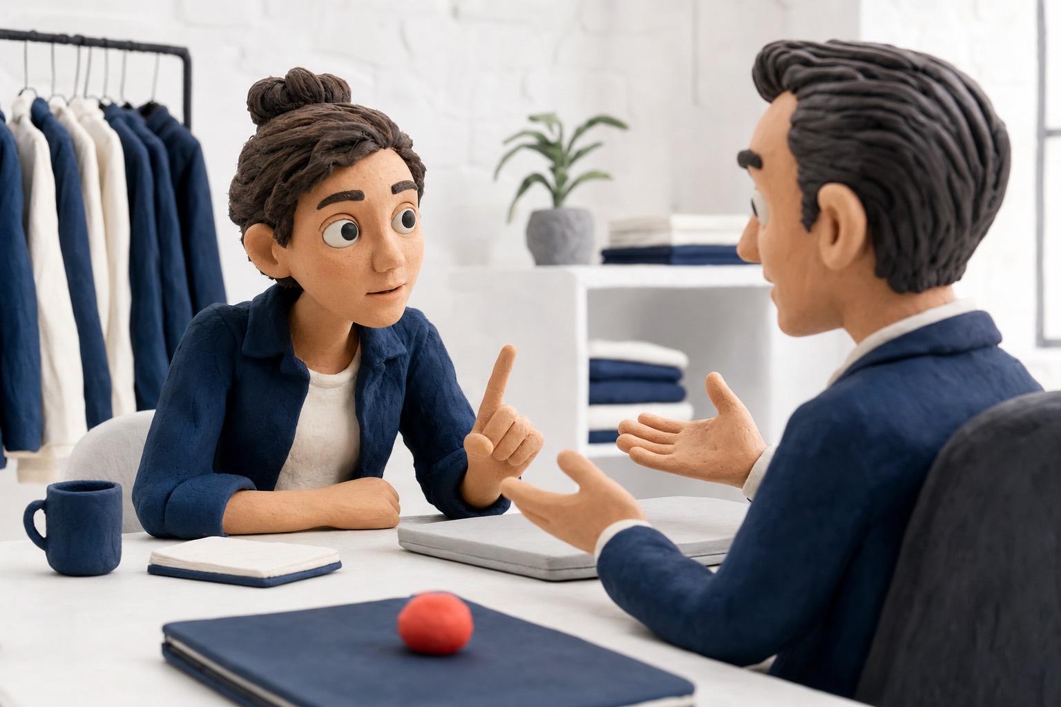 Clay illustration: a young Melbourne business owner across from a smooth salesperson, gently holding their ground and asking the one question that shortens the list.