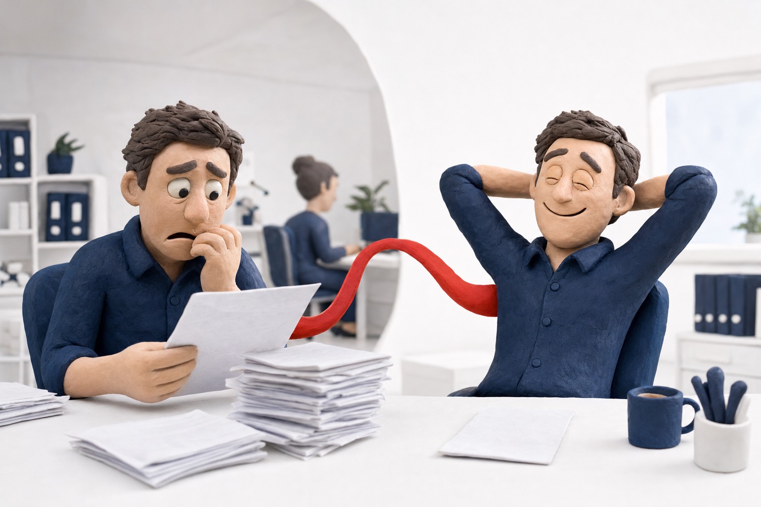 Clay illustration: the person who signs the invoices bracing for the quote that usually follows an audit, and the relief when it does not come.