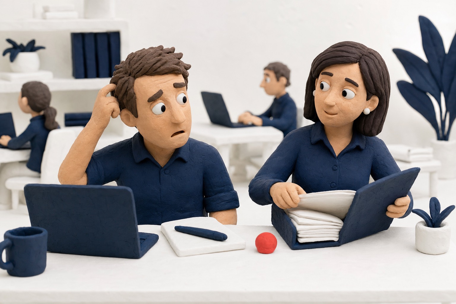 Clay illustration: someone who ticked yes from memory being asked a follow-up they cannot answer, and the colleague beside them quietly opening the real configuration.