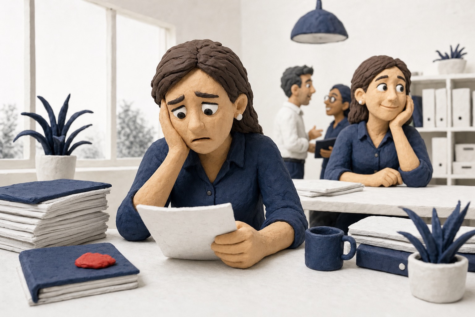 Clay illustration: a manager who spent two years getting a security program funded, hearing the news with a sinking heart, then the steadying moment of realising the work still counts.