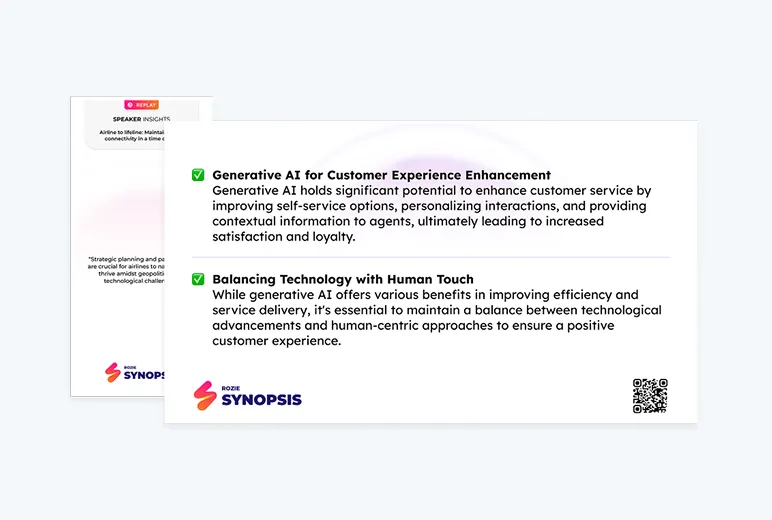 Summary card highlighting generative AI for customer experience enhancement and balancing technology with human touch, with Rozie Synopsis branding and a QR code.