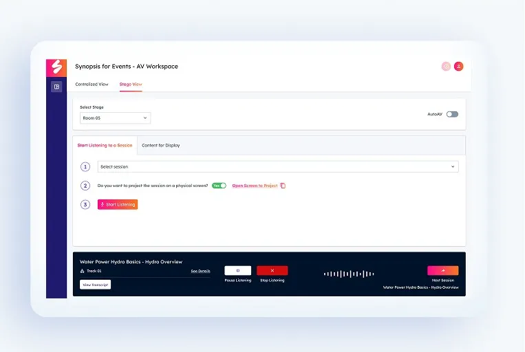 User interface for 'Synopsis for Events - AV Workspace' showing a 'Stage View' with options to select a stage and session, a toggle for AutoAV, controls to start listening to a session, and playback controls for an audio track titled 'Water Power Hydro Basics - Hydro Overview'.