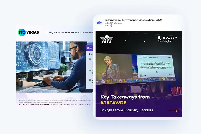 Presentation slide and speaker at IATA event showing key takeaways from #IATAWDS with insights from industry leaders.