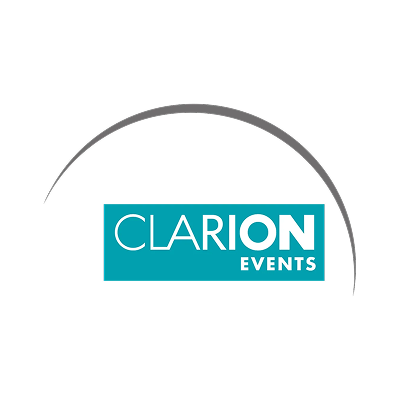 Clarion Events logo with a teal rectangular background and an arc above it.