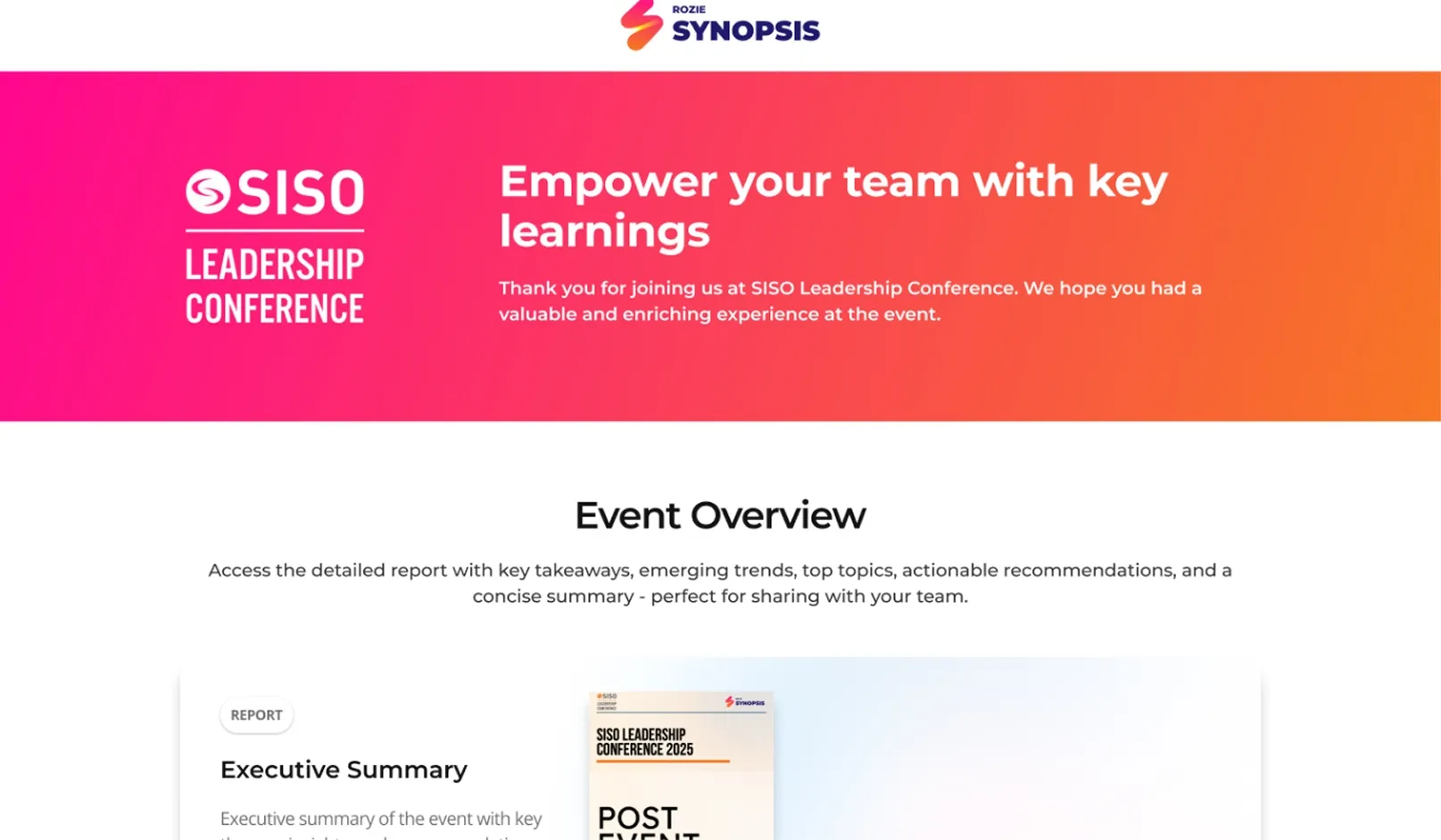 SISO Leadership Conference banner with the text Empower your team with key learnings and a message thanking attendees for joining.