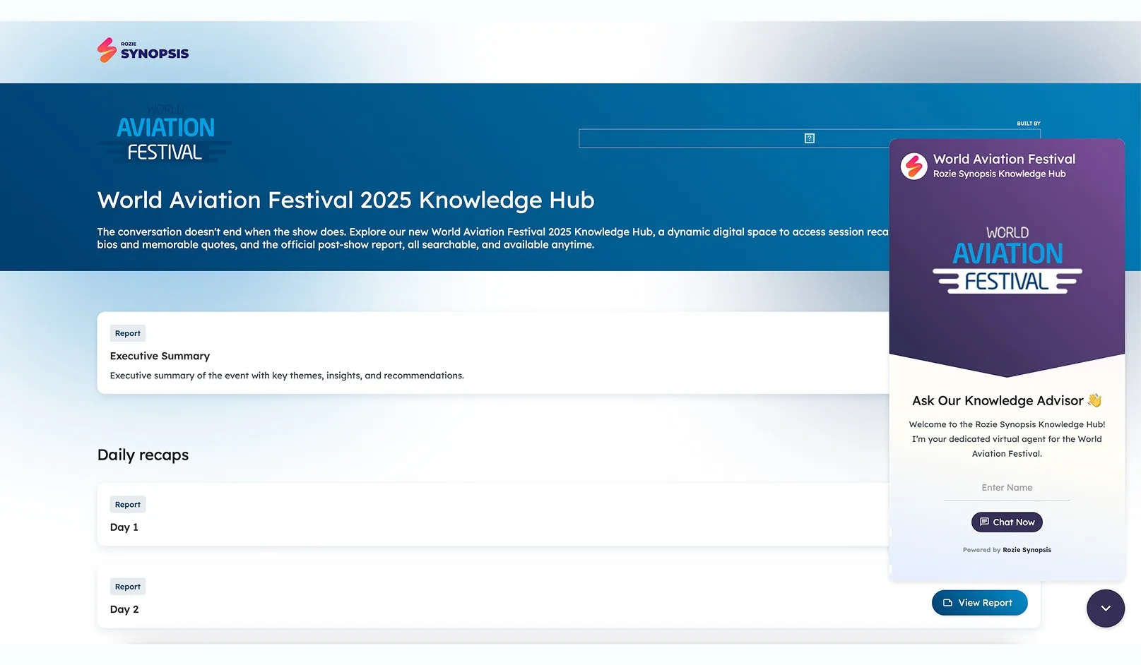 Screenshot of the World Aviation Festival 2025 Knowledge Hub website showing an executive summary, daily recaps, and a chat box with a virtual knowledge advisor.