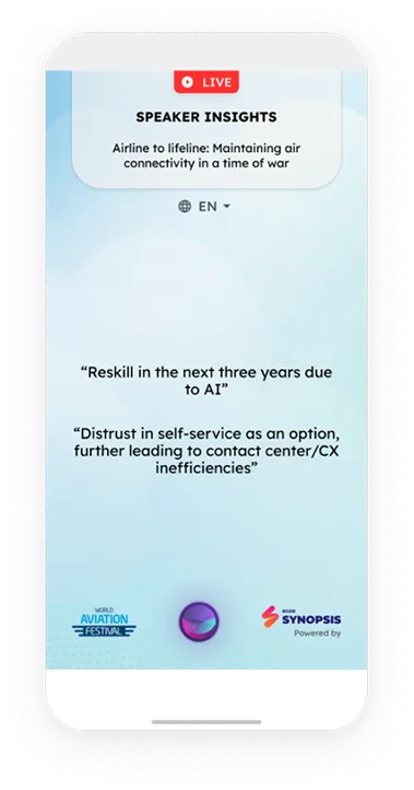 Mobile screen showing a live speaker insights session titled 'Airline to lifeline: Maintaining air connectivity in a time of war' with quotes about AI reskilling and distrust in self-service. Logos of World Aviation Festival and Rozee Synopsis appear at the bottom.