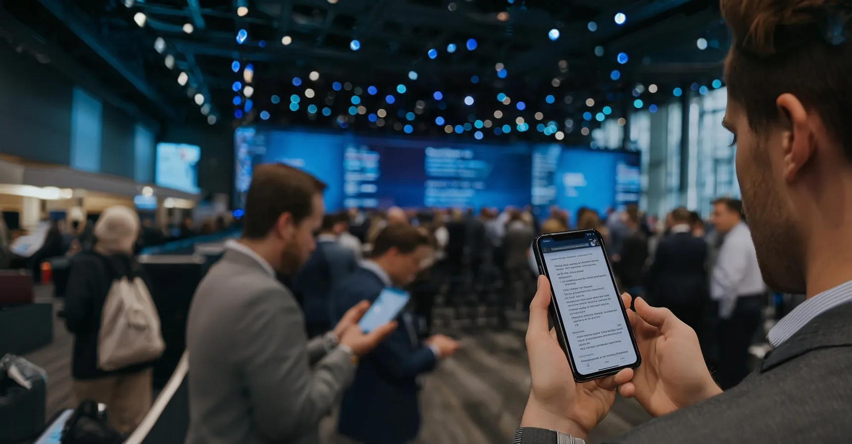 Audience seated and watching a speaker on stage in a dimly lit conference hall.