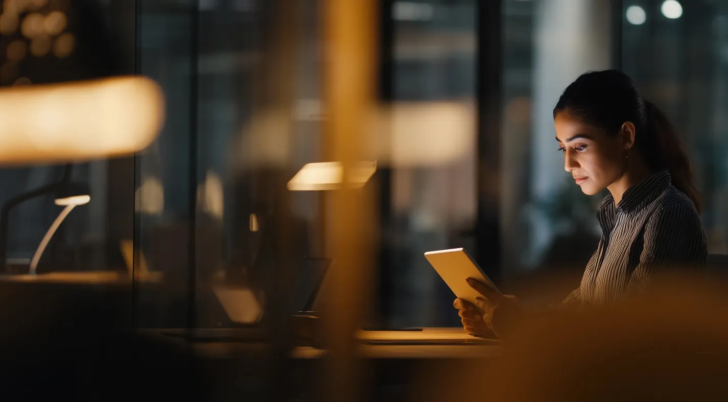 Audience seated and watching a speaker on stage in a dimly lit conference hall.