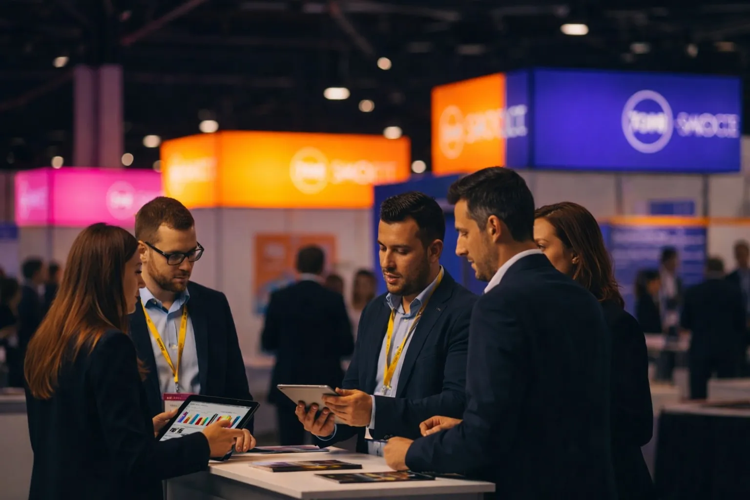 Audience seated and watching a speaker on stage in a dimly lit conference hall.