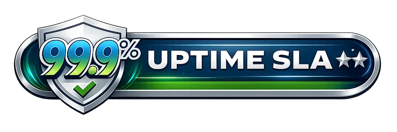 Shield badge with 99.9% and text reading UPTIME SLA with two stars on a metallic blue and green banner.