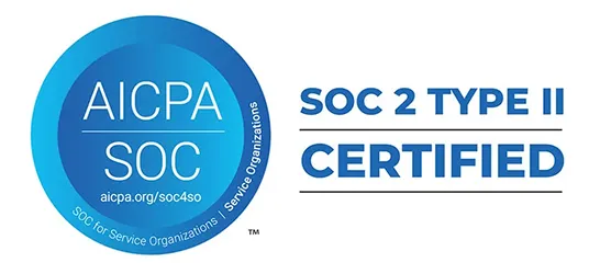 AICPA SOC blue circular logo with text SOC for Service Organizations beside text 'SOC 2 TYPE II CERTIFIED' in bold blue letters.