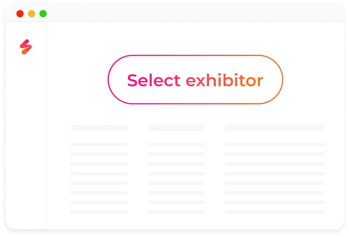 Browser window with a large pink and orange gradient button labeled 'Select exhibitor' above three columns of placeholder text.